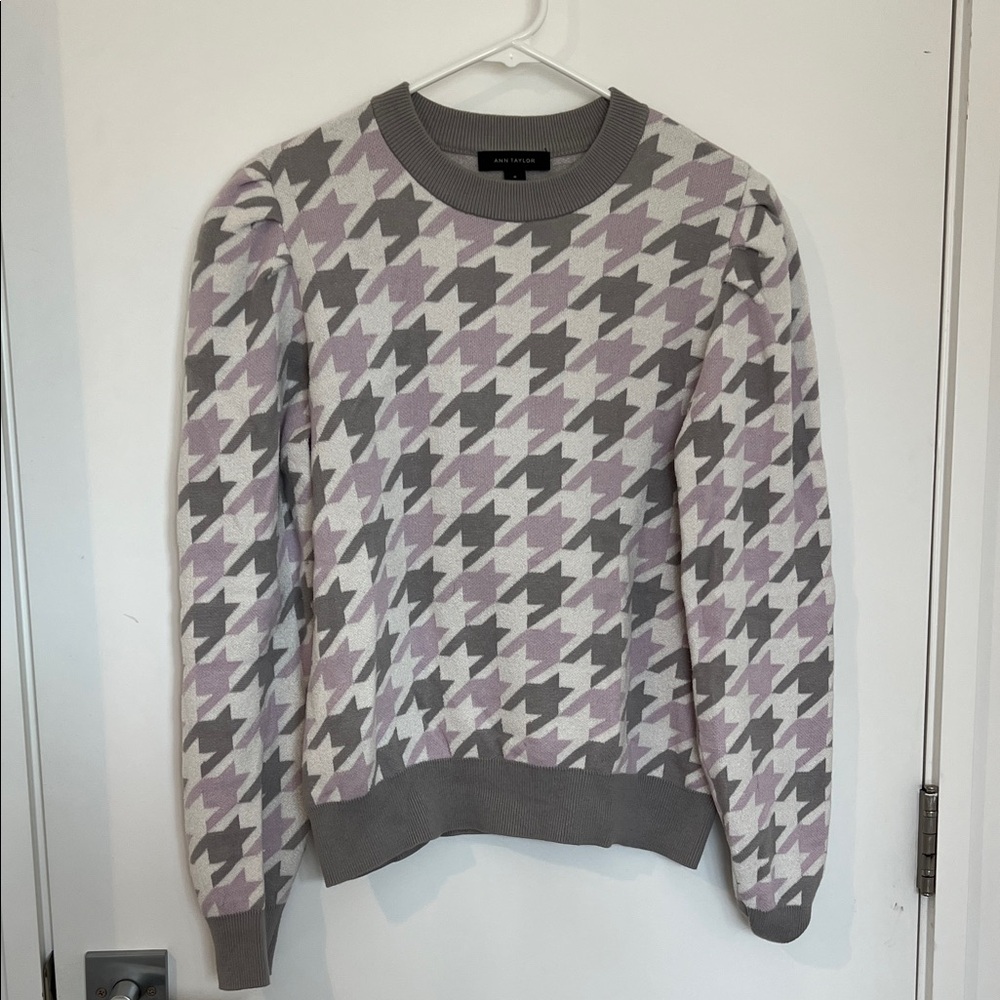 Ann Taylor Lavender & Gray Houndstooth Knit Sweater Puff Sleeves